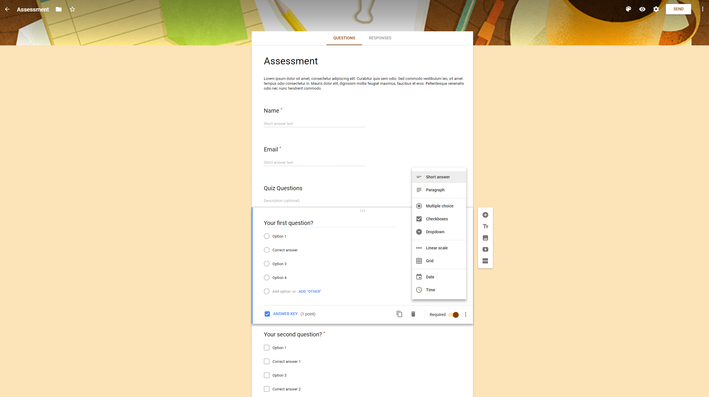 An image of an assessment created in Google Forms.