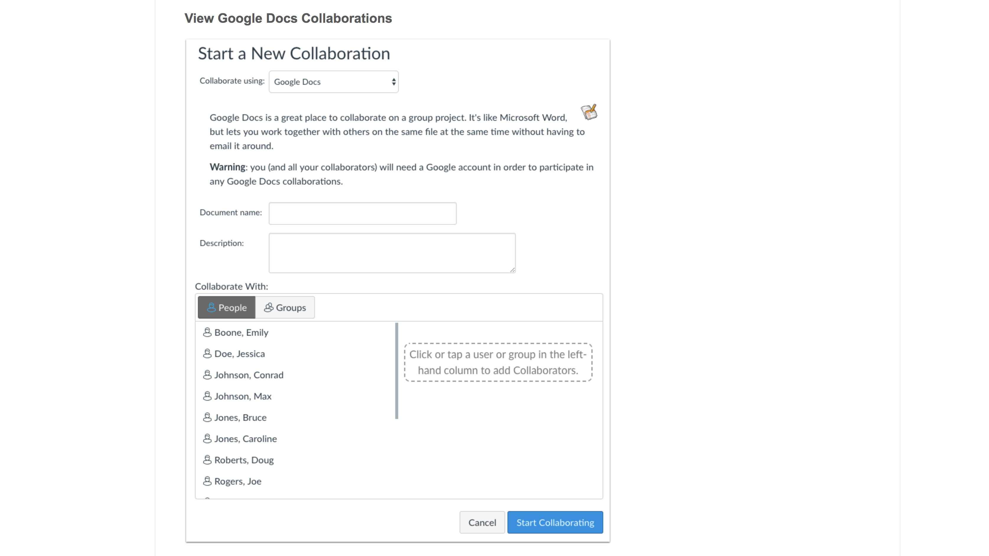 Screenshot of a new Canvas Collaboration on Google Docs.